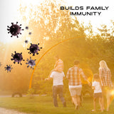 Family walking together with virus particles and 'Builds Family Immunity' text overlay.