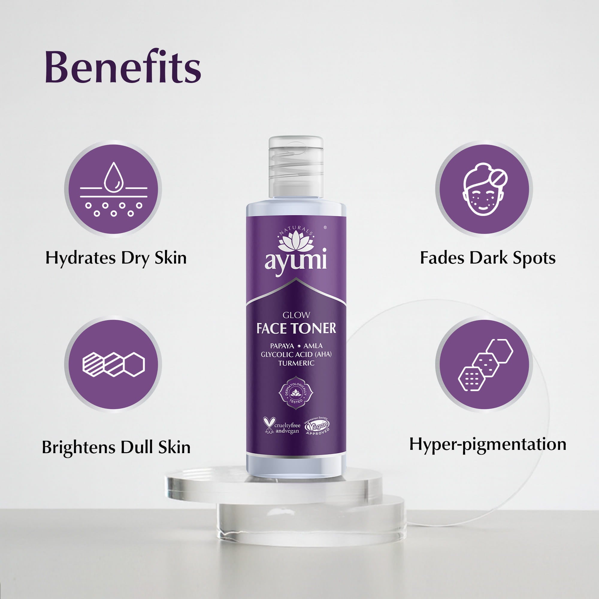 Ayumi face toner bottle with benefits listed on a white background