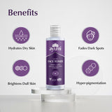 Ayumi face toner bottle with benefits listed on a white background