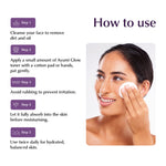 Instructions on how to use Ayumi Glow toner with a woman applying it to her face.