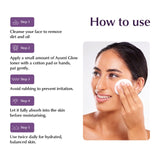 Instructions on how to use Ayumi Glow toner with a woman applying it to her face.