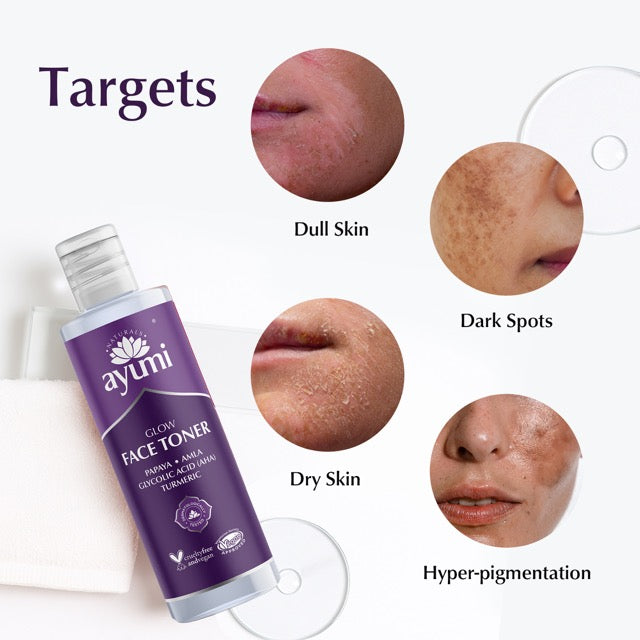 Ayumi face toner bottle with skin conditions it targets on a white background