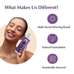 Woman holding a purple bottle of Avena with text highlighting brand attributes on a white background