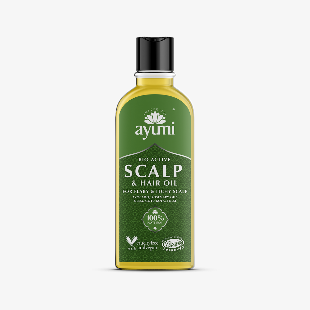 Ayumi scalp and hair oil bottle on a white background