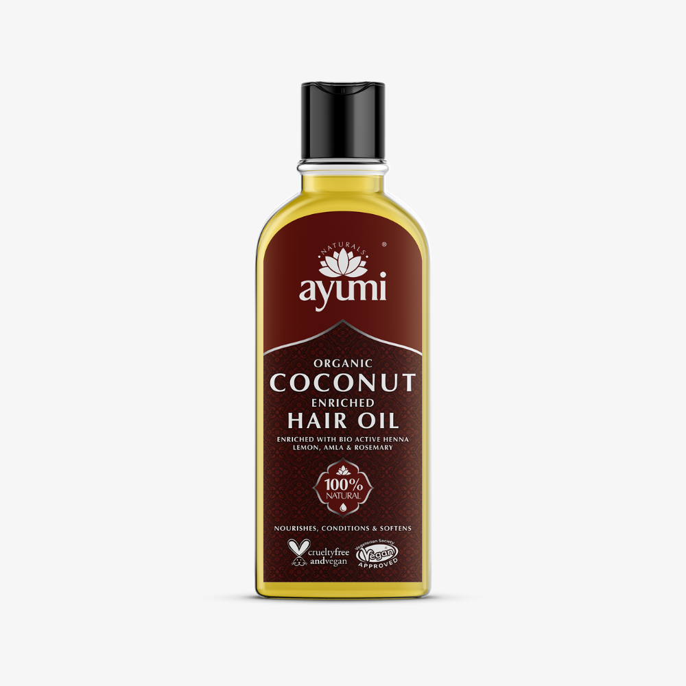 Ayumi Organic Coconut Enriched Hair Oil bottle on a white background