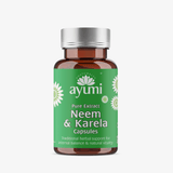 Ayumi Neem & Karela capsules bottle on a white background