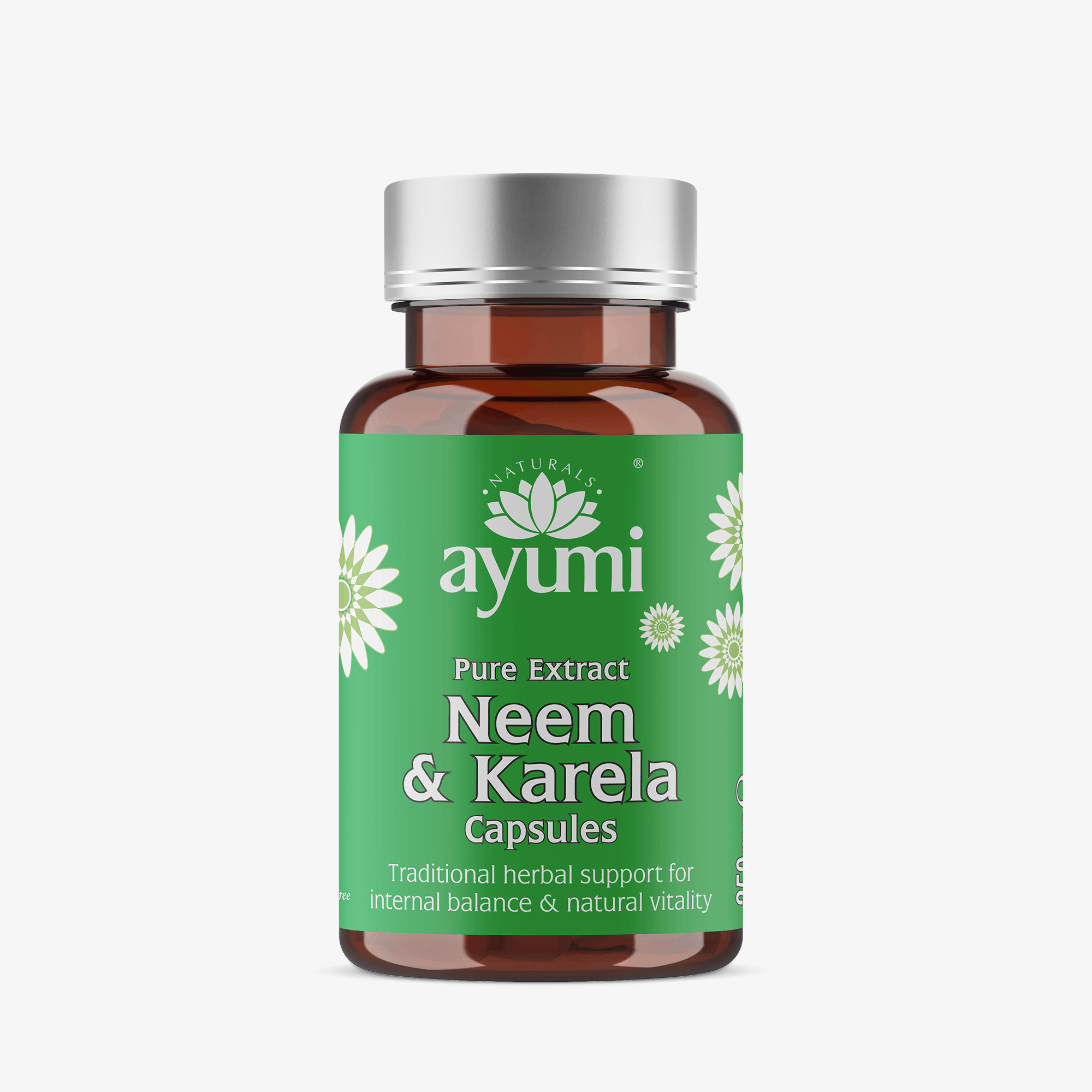 Ayumi Neem & Karela capsules bottle on a white background