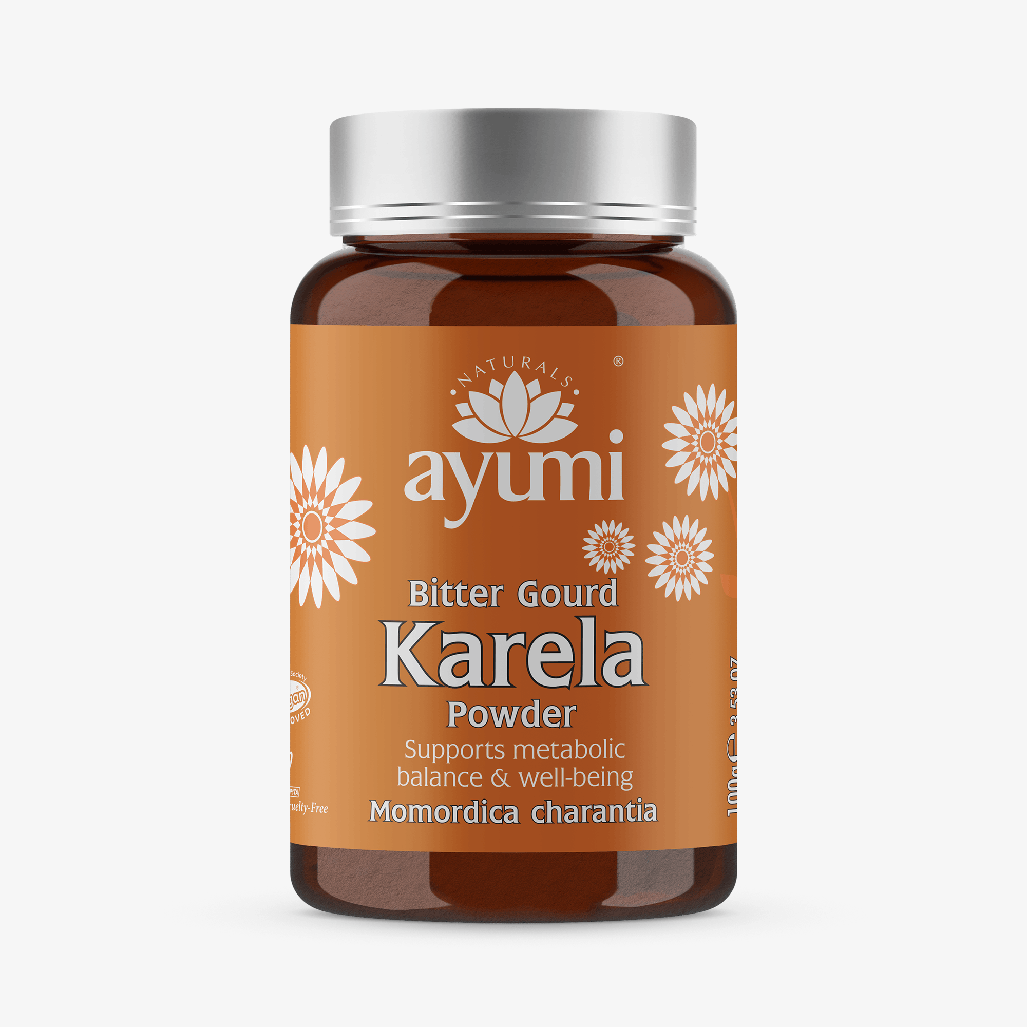 Ayumi Karela powder bottle on a white background