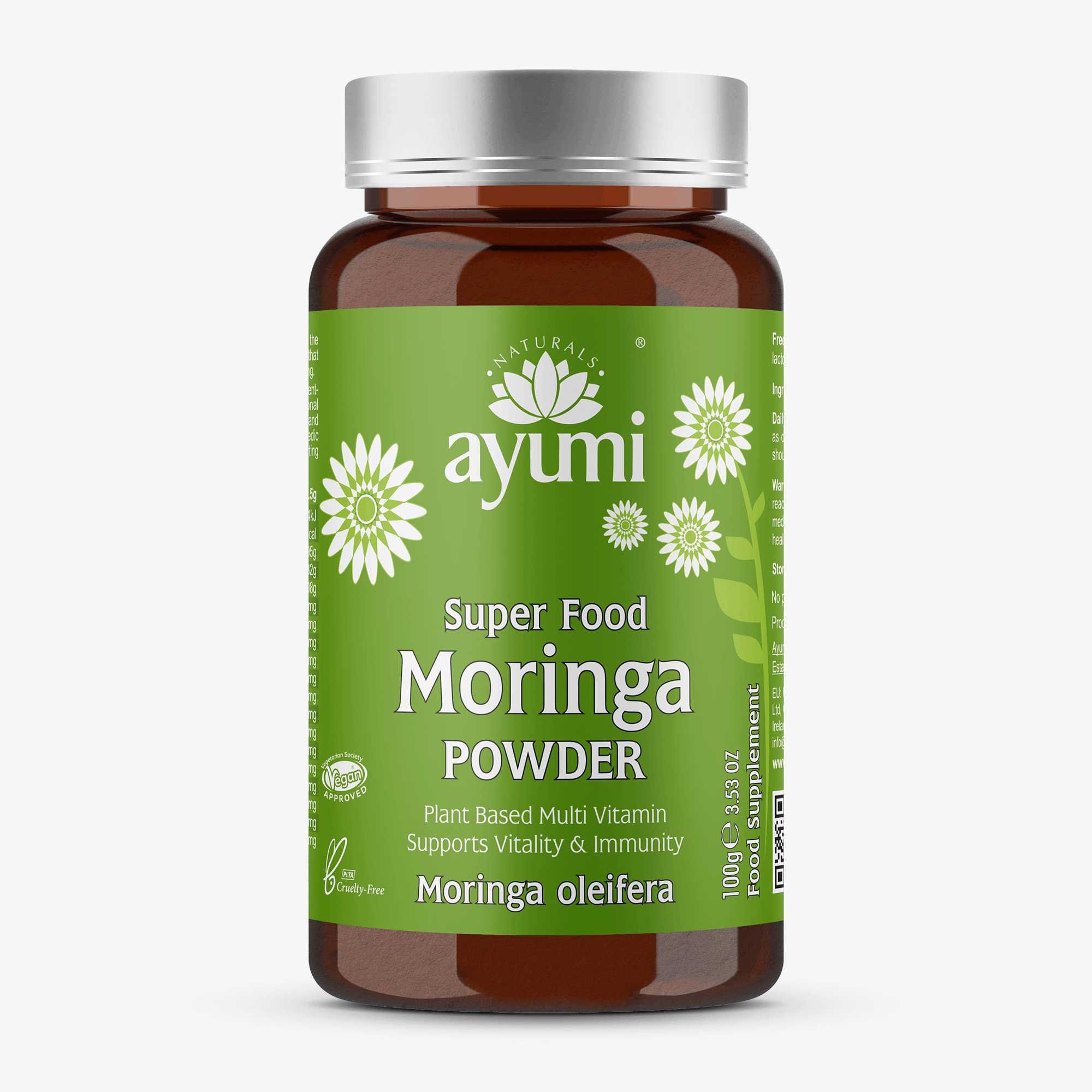 Ayumi Moringa Powder supplement bottle on a white background
