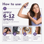 Instructions on how to use a hair care product with a woman applying it and step-by-step illustrations.